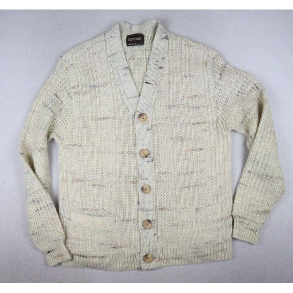 CAMPUS STUDIO ONE - VINTAGE MEN'S BEIGE CARDIGAN SWEATER - SIZE XL